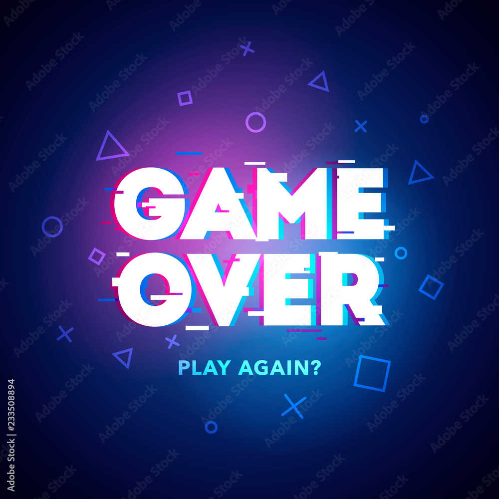 Fototapete vector illustration word game over - play again in cyber noise glitch design. for games, banner, web
