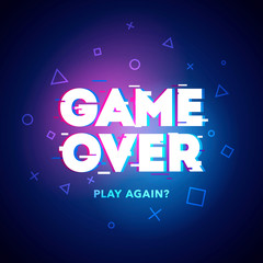 Vector Illustration word Game Over - Play Again in cyber noise glitch design. For games, banner, web pages. Three color half-shifted letters effect.