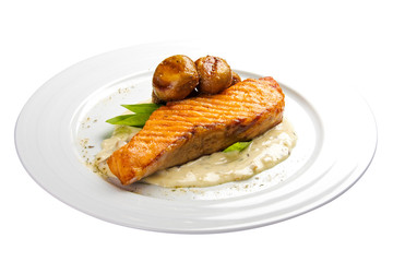 Lax with mushrooms. A traditional Danish dish. On a white background