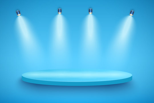 Light Box With Blue Presentation Circle Platform On Light Backdrop With Four Spotlights. Editable Background Vector Illustration.