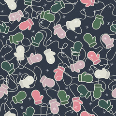 Children's mittens on a rope, confused. Vector  seamless pattern.