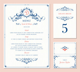 Naklejka premium Ornate wedding table number, menu and place card. Swirl floral template. Classic vintage design. Vector illustration.