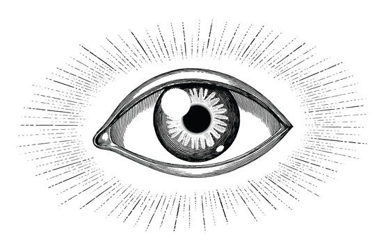 Naklejki Human eye with rays tattoo hand draw vintage engraving isolated on white background