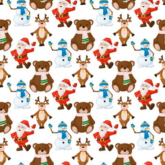 Happy Santa Claus snowman bear merry christmas holiday seamless pattern character vector illustration. Red costume old man greeting joy xmas celebration.