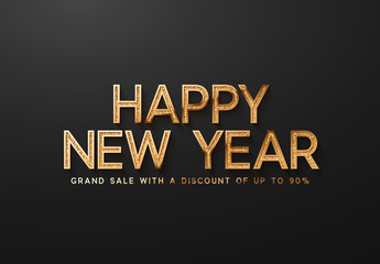 Happy New Year Sale Banner, poster, logo golden color on black background.