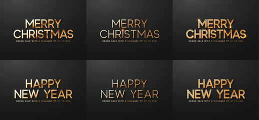 Merry Christmas and Happy New Year Sale. Banner, poster, logo golden color on black background.