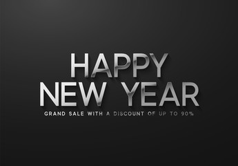 Happy New Year Sale Banner, poster, logo silver color on black background.