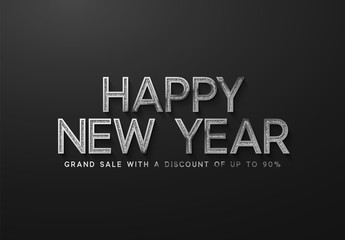 Happy New Year Sale Banner, poster, logo silver color on black background.
