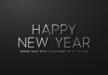 Happy New Year Sale Banner, poster, logo silver color on black background.