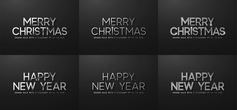 Merry Christmas and Happy New Year Sale. Banner, poster, logo silver color on black background.