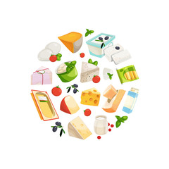Vector cartoon dairy and cheese products in circle shape illustration isolated on white