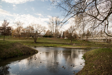 Fototapeta na wymiar tributary of Lucina and Ostravice rivers in Ostrava city in Czech republic