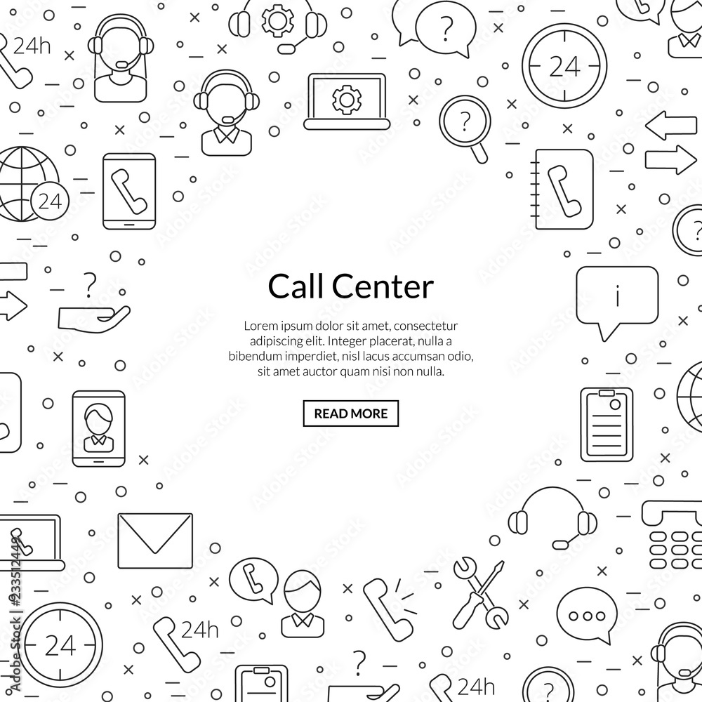 Poster banner or web page vector line call support center icons background with place for text illustration