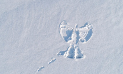 Snow angel's print on a snowcovered area. Aerial foto.