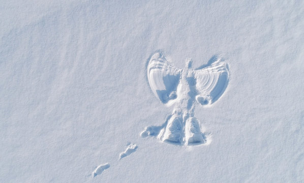 Snow angel's print on a snowcovered area. Aerial foto.