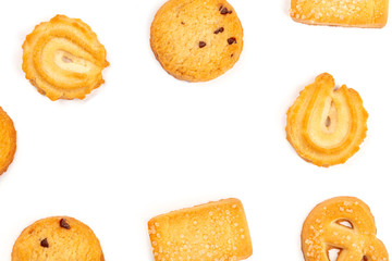 An overhead photo of Danish butter cookies, forming a frame on a white background with a place for text