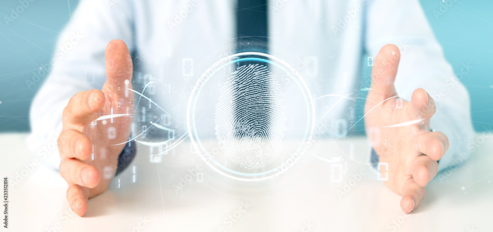 Poster businessman holding a digital fingerprint identification and binary code 3d rendering