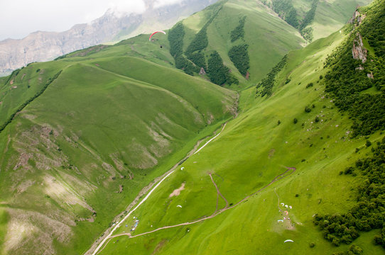 Panorama of the Chegem gorge. It is observed from height of flight the glider.