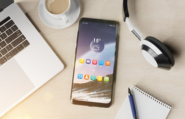 Modern smartphone laying on desktop mockup 3d rendering