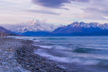 Aoraki Mount Cook with snow capped and lake Pukaki as a foreground, New Zealand 