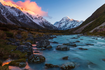 Mount Cook and Hooker River in the dawn at Aoraki Mount Cook National Park, Canterbury, New Zealand 