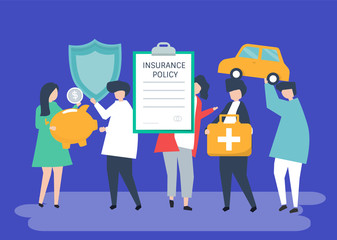 Characters of people holding insurance icons illustration