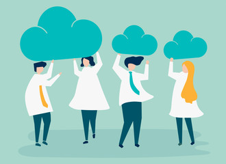 Characters of business people holding cloud icons illustration