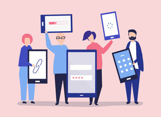 Characters of people holding giant digital devices illustration