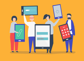 Characters of people holding giant digital devices illustration