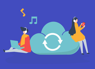 Characters of a couple sharing and listening to music illustration