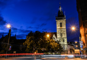 Night view on Ancient New Town Hall Tower and night lights, Prague, Czech Republic