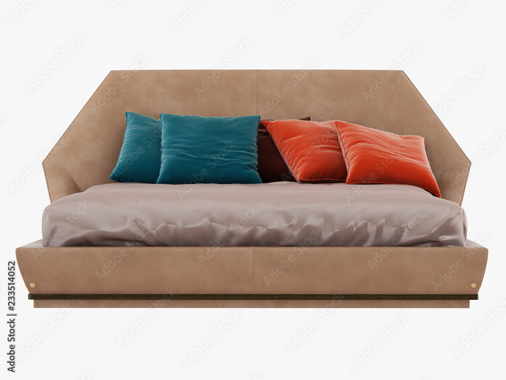 Aufkleber bed with color pillows front view 3d rendering
