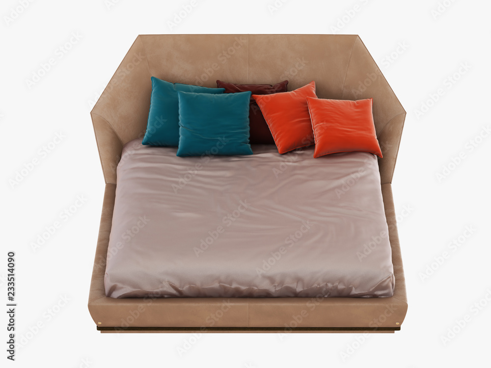 Aufkleber bed with color pillows front view 3d rendering