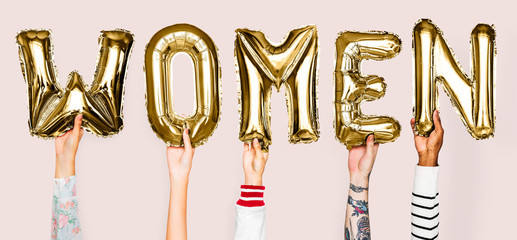 Hands showing women balloons word