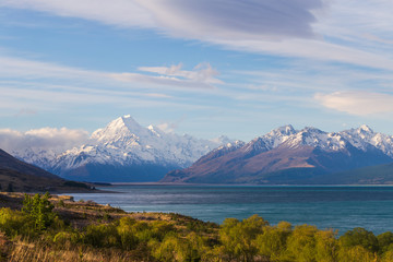 New Zealand Aoraki Mount Cook with snow capped and lake Pukaki under the sky cloud like a painting