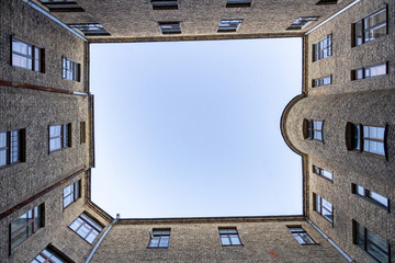 Court yard-well in Riga. The bottom view upwards.