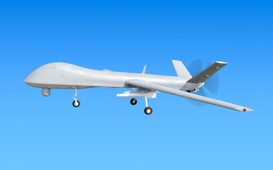 modern military strike combat unmanned air vehicle UAV airplane reconnaissance spy drone with missile powered by prop engine flying isolated on blue sky background exterior air travel landscape view