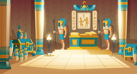 Vector cartoon pharaoh tomb with golden sarcophagus, statues of gods with animal heads, columns, symbols and hieroglyphics on wall. Egyptian ancient culture, mythology and religion, concept background