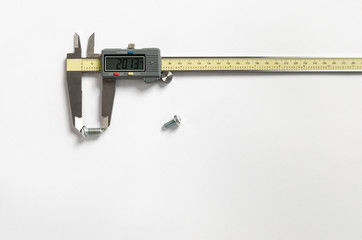 design ingeneer's work table. Caliper on white background. Equipment. Copy space