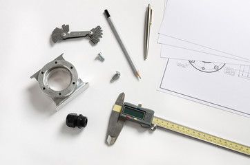 design ingeneer's work table. Designing process. Equipment