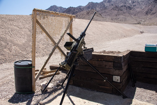 Heavy .50 caliber machine gun on a mount in a shooting range near Las Vegas
