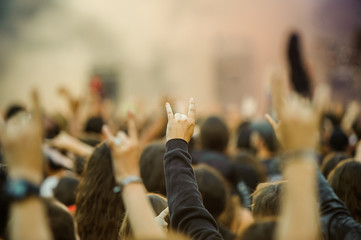 Hands raised showing a heavy metal rock sign, devil horns