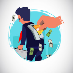 human hand insert coin to businessman like a toy. work for money or pay salary concept - vector