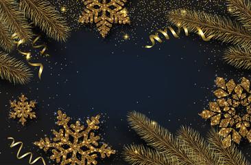 Christmas and New Year shiny background with golden snowflakes and fir branches.