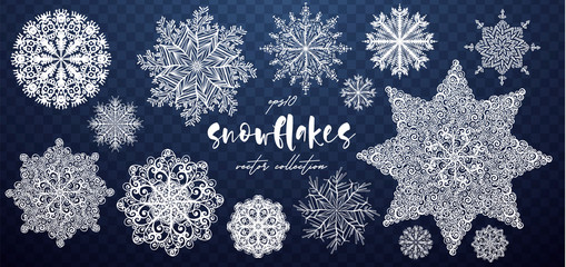 Vector hand drawn Snowflakes collection. Merry Christmas and Happy New Year snow flake decoration, snowflake silhouette set, shapes, line art. Vector Snowflakes illustration.