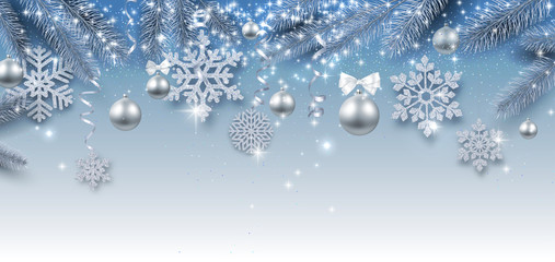 Christmas and New Year shiny banner with silver Christmas balls and snowflakes. - 233517625