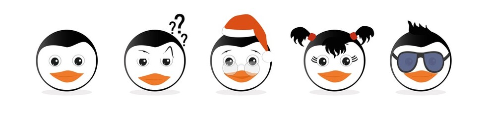A set of graphic emoticons - penguins. Emoji collection. Smile icons. Vector illustration on white background.
