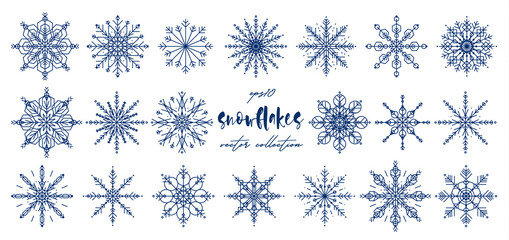 Vector hand drawn Snowflakes collection. Merry Christmas and Happy New Year snow flake decoration, snowflake silhouette set, shapes, line art. Vector Snowflakes illustration.
