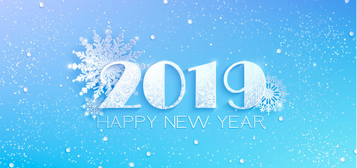 Fototapeta na wymiar Paper cut snow flake greeting background, Merry Christmas and Happy New Year 2019 banner, winter origami, snowfall papercut poster. Vector Snowflake frame, paper snow modern card,trendy Happy New Year