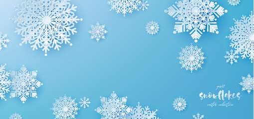 White Paper cut snow flake greeting background, Merry Christmas and Happy New Year banner, winter origami, snowfall papercut poster. Vector Snowflake frame, paper snow modern card, trendy ornament.